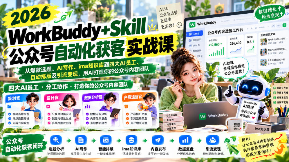 2026WorkBuddy+Skill公众号自动化获客实战课,从爆款选题、AI写作、ima知识库到四大AI员工、自动排版及引流变现,用AI打造你的公众号内容团队-凡人轻创