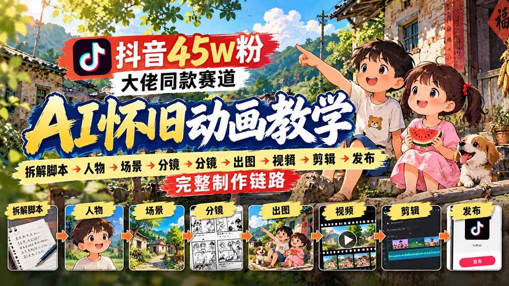 (20781期)抖音45W粉大佬同款赛道AI怀旧动画教学:拆解脚本→人物→场景→分镜→出图→视频→剪辑→发布完整制作链路-凡人轻创