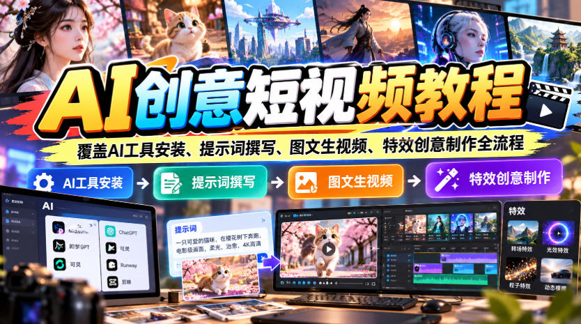 AI创意短视频教程,覆盖AI工具安装、提示词撰写、图文生视频、特效创意制作全流程-凡人轻创