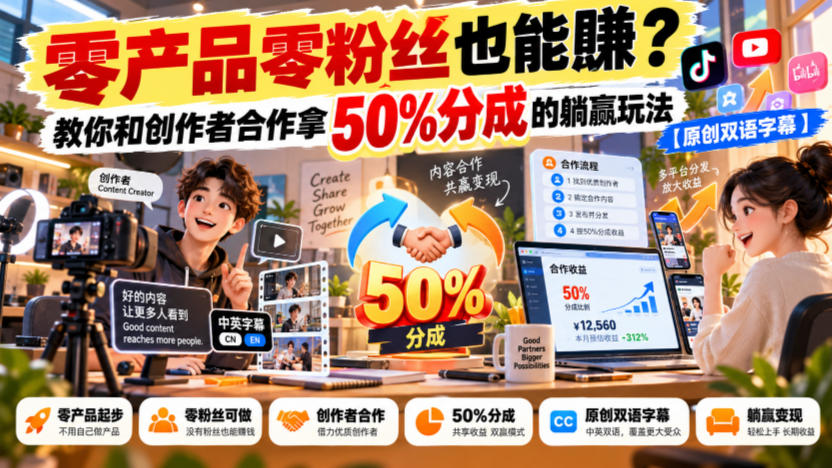 【无水印】零产品零粉丝也能賺?教你和创作者合作拿50%分成的躺赢玩法【原创双语字幕】-凡人轻创