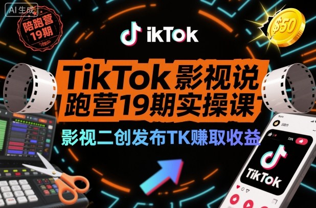 TikTok影视解说陪跑营19期实操课，影视二创发布TK賺取收益，万播收益50美金-凡人轻创