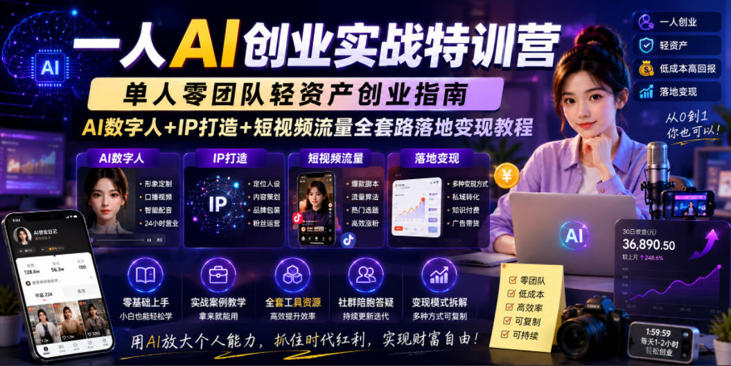 一人AI创业实战特训营,单人零团队轻资产创业指南,AI数字人+IP打造+短视频流量全套路落地变现教程-凡人轻创