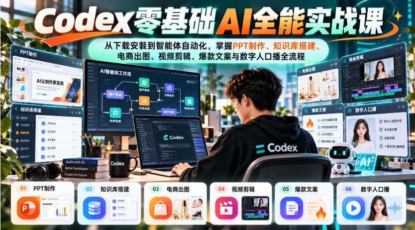 Codex零基础AI全能实战课:从下载安装到智能体自动化,掌握知识库搭建、电商出图、视频剪辑、爆款文案与数字人口播全流程-凡人轻创