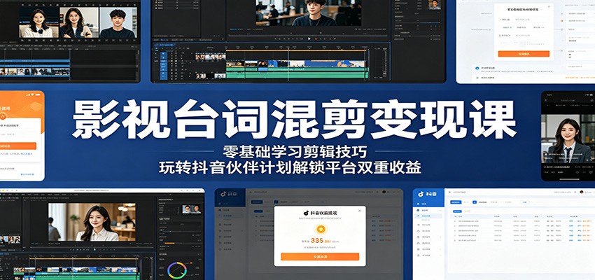 影视台词混剪变现课：零基础学习剪辑技巧，玩转抖音伙伴计划解锁平台双重收益-凡人轻创