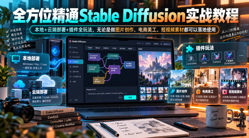 全方位精通Stable Diffusion实战教程|本地+云端部署+插件全玩法,无论是做图片创作、电商美工、短视频素材都可以落地使用-凡人轻创