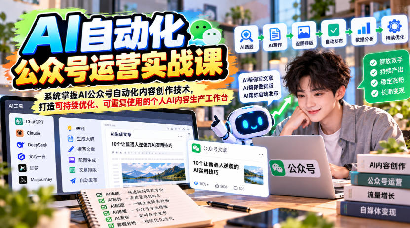AI自动化公众号运营实战课,系统掌握AI公众号自动化内容创作技术,打造可持续优化、可重复使用的个人AI内容生产工作台-凡人轻创