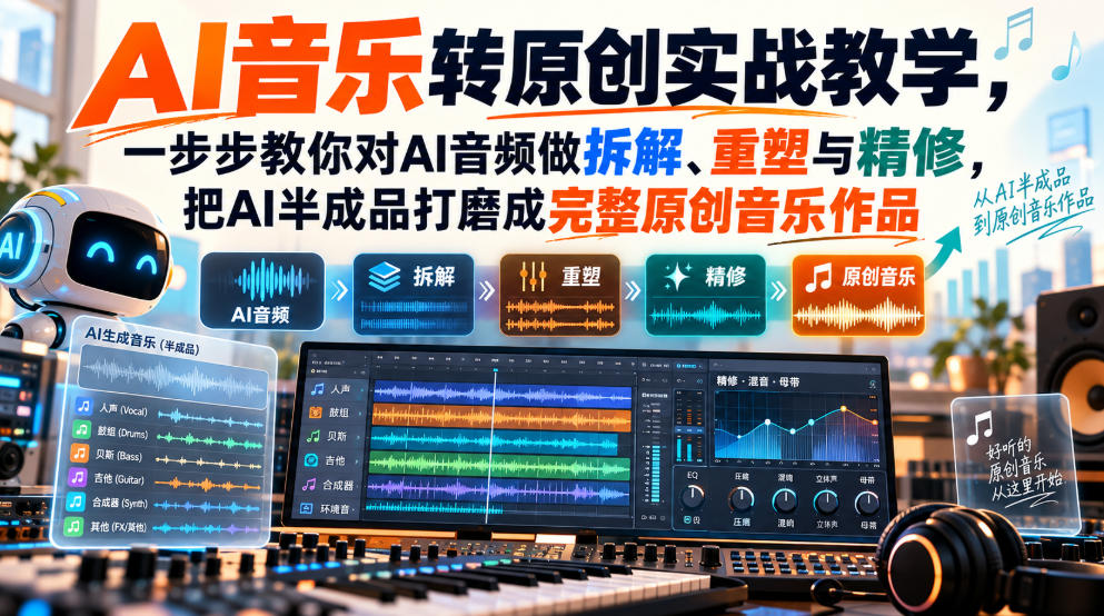 AI音乐转原创实战教学,一步步教你对AI音频做拆解、重塑与精修,把AI半成品打磨成完整原创音乐作品-凡人轻创
