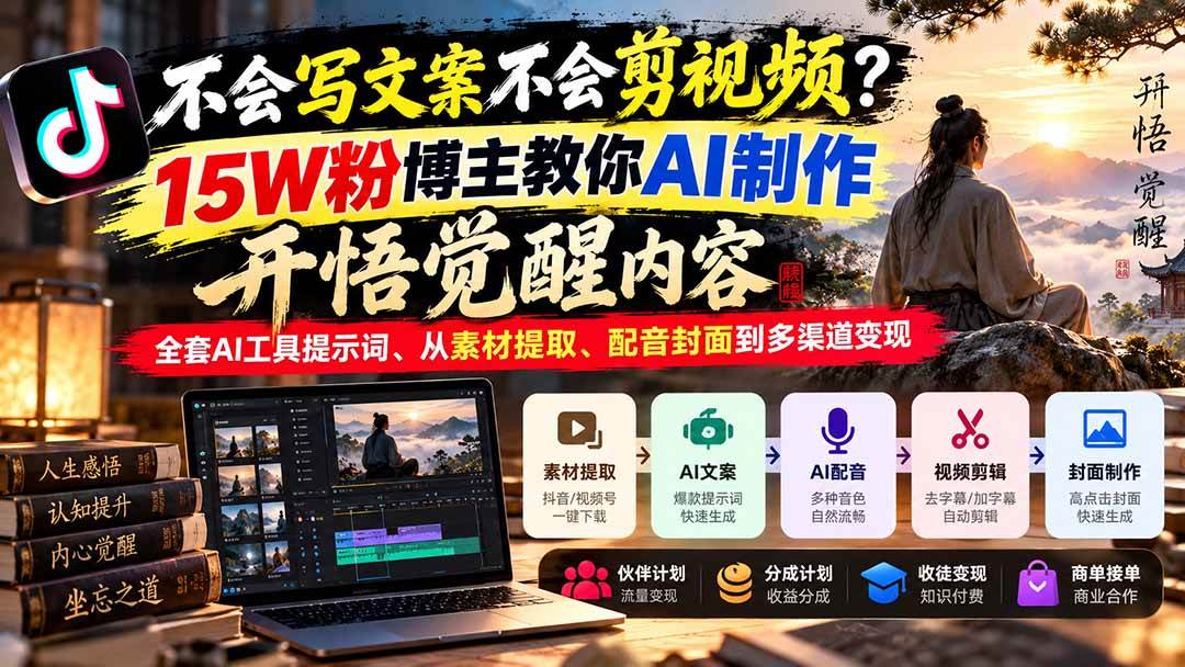 （21085期）不会写文案不会剪视频？15W粉博主教你AI制作开悟觉醒内容，全套AI工具提示词、从素材提取、配音封面到多渠道变现-凡人轻创