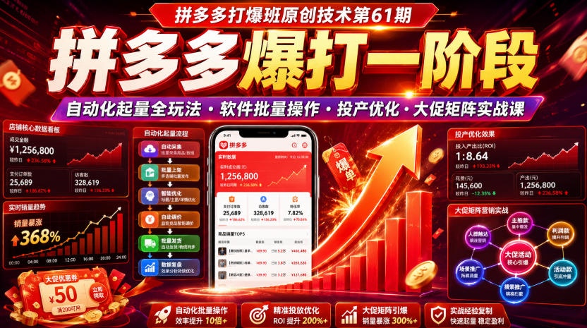 拼多多打爆班原创技术第61期,拼多多爆打一阶段,自动化起量全玩法・软件批量操作・投产优化・大促矩阵实战课-凡人轻创