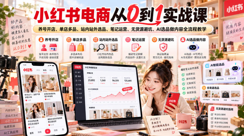 小红书电商从0到1实战课|养号开店、单店多品、站内站外选品、笔记运营、无货源避坑、AI选品做内容全流程教学-凡人轻创