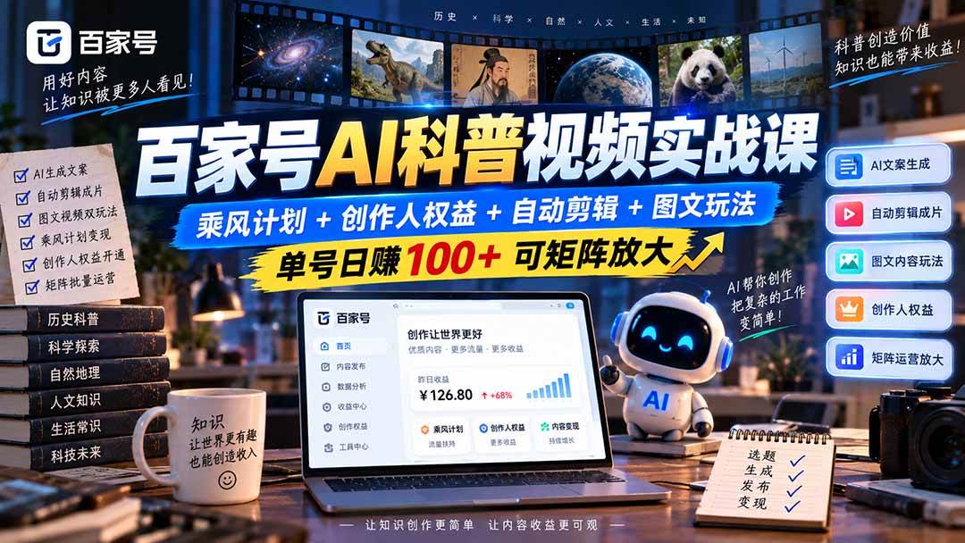 (20579期)百家号AI科普视频实战课:乘风计划+创作人权益+自动剪辑+图文玩法,单号日赚100+可矩阵放大-凡人轻创