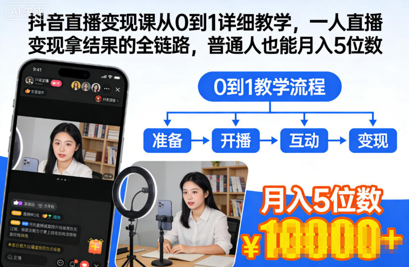 抖音直播变现课从0到1详细教学，一人直播变现拿结果的全链路，普通人也能月入5位数-凡人轻创