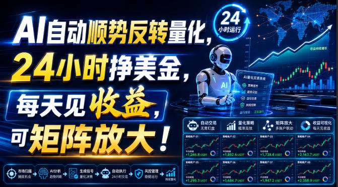 AI自动顺势反转量化,24小时挣美金,每天见收益,可矩阵放大!【揭秘】 AI自动顺势反转量化,24小时挣美金,每天见收益,可矩阵放大!【揭秘】