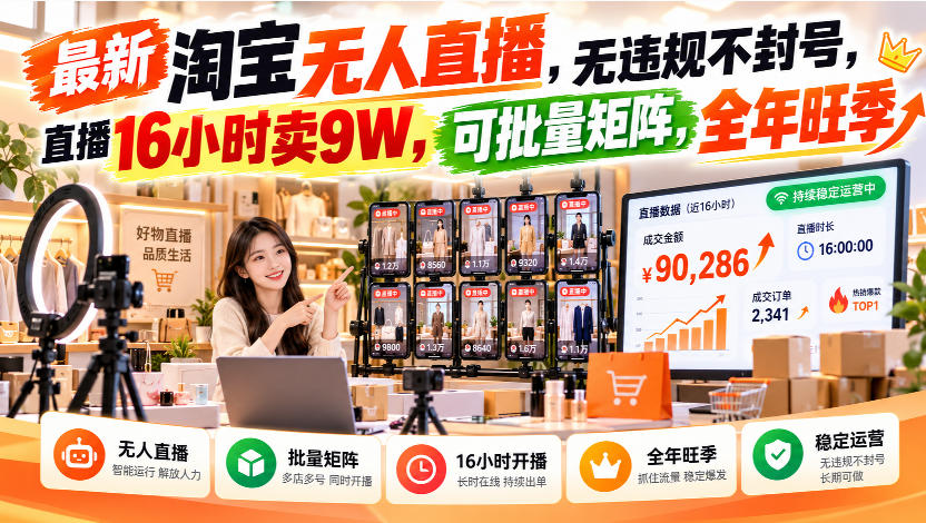 最新淘宝无人直播,无违规不封号,直播16小时卖9W,可批量矩阵,全年旺季【揭秘】-凡人轻创