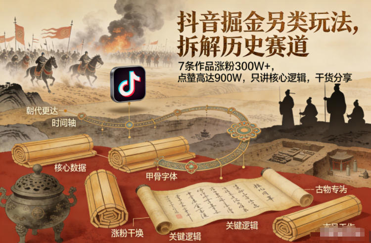 抖音掘金另类玩法,拆解历史赛道,7条作品涨粉300W+,点赞量高达900W,只讲核心逻辑,干货分享-凡人轻创