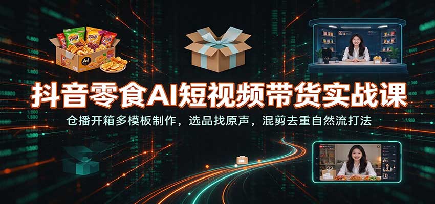 抖音零食AI短视频带货实战课：仓播开箱多模板制作，选品找原声，混剪去重自然流打法-凡人轻创
