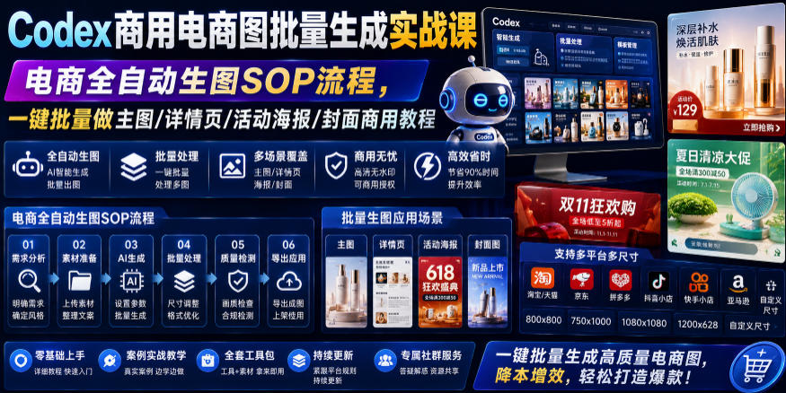 Codex商用电商图批量生成实战课｜电商全自动生图SOP流程，一键批量做主图/详情页/活动海报/封面商用教程-凡人轻创