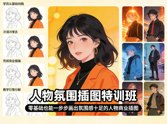 人物氛围插图特训班，零基础也能一步步画出氛围感十足的人物商业插图-凡人轻创