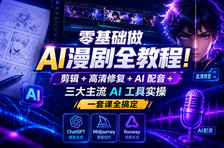 零基础做AI漫剧全教程!剪辑+高清修复+AI配音+三大主流AI工具实操,一套课全搞定-凡人轻创