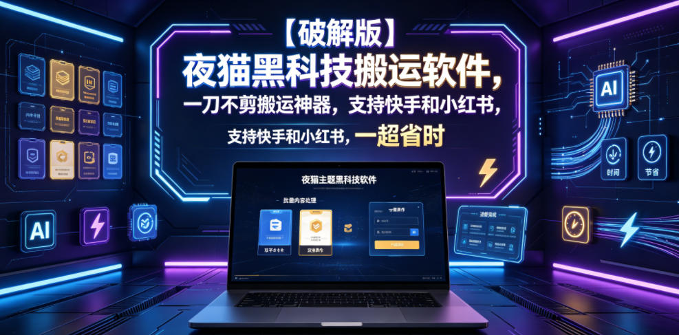 【破解版】夜猫黑科技搬运软件，一刀不剪搬运神器，支持快手和小红书，一键搬运超省时！-凡人轻创