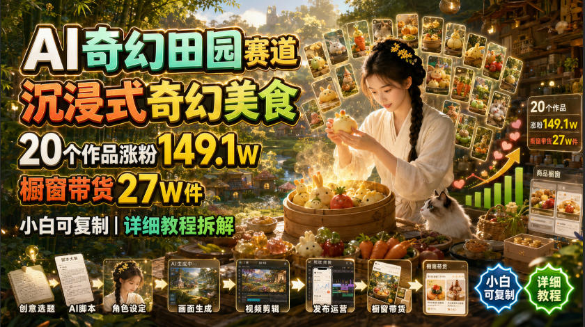 AI奇幻田园赛道,沉浸式奇幻美食,20个作品涨粉149.1W,橱窗带货27W件,小白可复制,详细教程拆解-凡人轻创