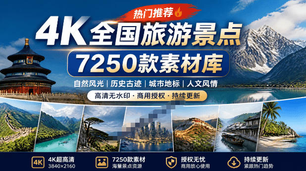 热门全国旅游风景素材！4K全国旅游景点素材库，7250款素材，旅行达人城市航拍风景风光高清短视频-凡人轻创