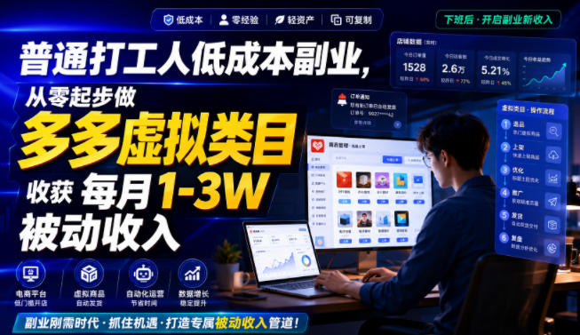 普通打工人低成本副业，从零起步做多多虚拟类目，收获每月1-3W被动收入【揭秘】-凡人轻创