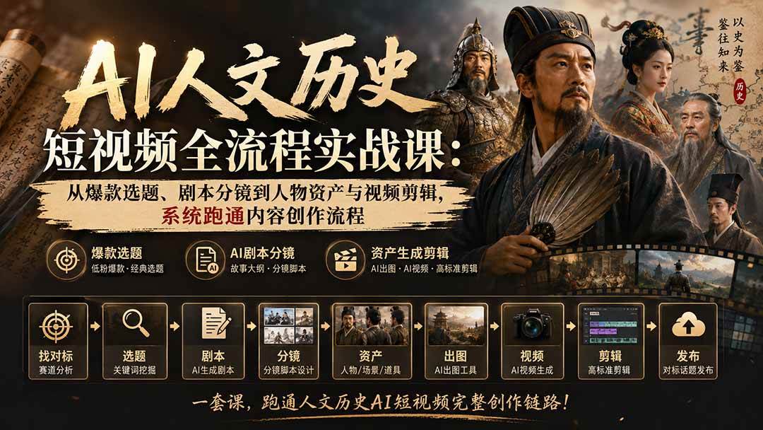 （20074期）AI人文历史短视频全流程实战课：从爆款选题、剧本分镜到人物资产与视频剪辑，系统跑通内容创作流程-凡人轻创