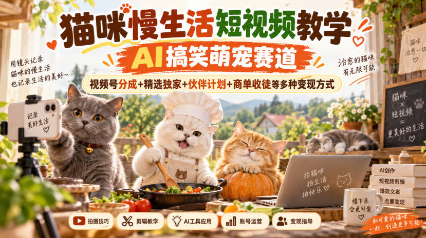 猫咪慢生活短视频教学，AI搞笑萌宠赛道，视频号分成+精选独家+伙伴计划+商单收徒等多种变现方式-凡人轻创