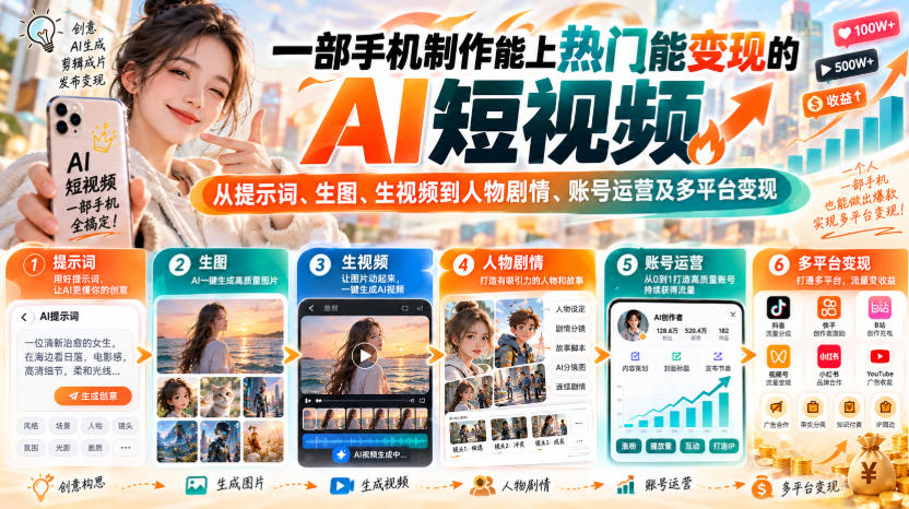 【无水印】一部手机制作能上热门能变现的AI短视频,从提示词、生图、生视频到人物剧情、账号运营及多平台变现-凡人轻创
