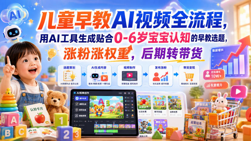 儿童早教AI视频全流程，用AI工具生成贴合0-6岁宝宝认知的早教选题，涨粉涨权重，后期转带货-凡人轻创