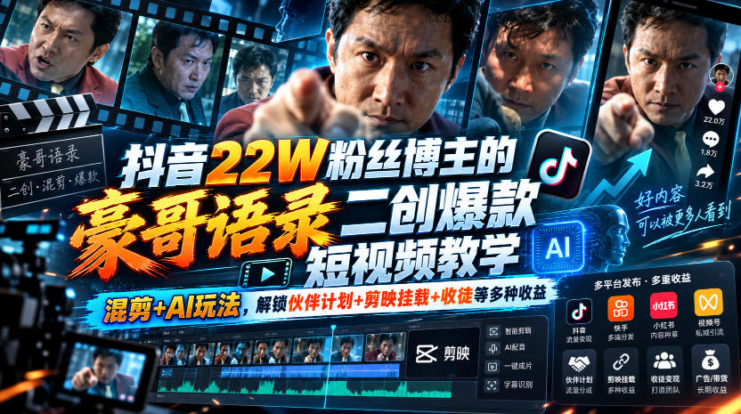 抖音22W粉丝博主的豪哥语录二创爆款短视频教学，混剪+AI玩法，解锁伙伴计划+剪映挂载+收徒等多种收益-凡人轻创