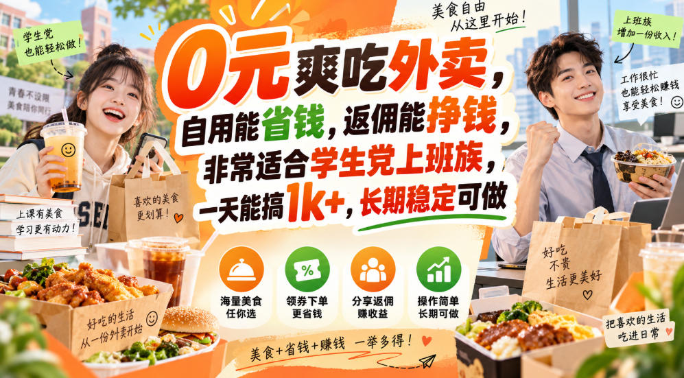 0元爽吃外卖,自用能省钱,返佣能挣钱,非常适合学生党上班族,一天能搞1k+,长期稳定可做-凡人轻创