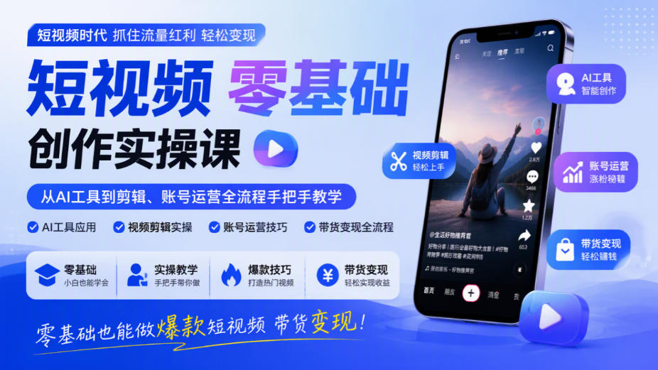 短视频零基础创作实操课,从AI工具到剪辑、账号运营全流程手把手教学,零基础也能做爆款短视频带货变现-凡人轻创