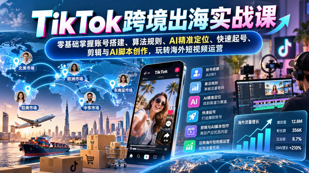 TikTok跨境出海实战课:零基础掌握账号搭建、算法规则、AI精准定位、快速起号、剪辑与AI脚本创作,玩转海外短视频运营(更新1030) TikTok跨境出海实战课:零基础掌握账号搭建、算法规则、AI精准定位、快速起号、剪辑与AI脚本创作,玩转海外短视频运营(更新1030)
