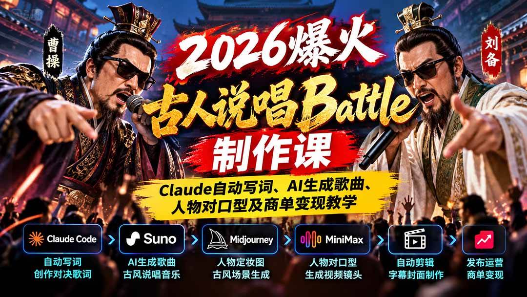 （21059期）2026爆火古人说唱Battle制作课：Claude自动写词、AI生成歌曲、人物对口型及商单变现教学-凡人轻创