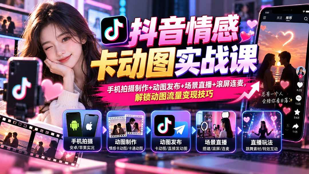 (20815期)抖音情感卡动图实战课:手机拍摄制作+动图发布+场景直播+滚屏连麦,解锁动图流量变现技巧-凡人轻创