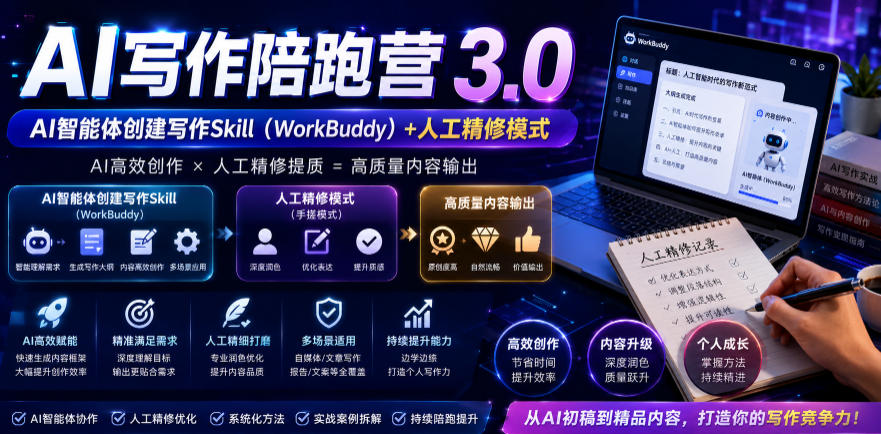 AI写作陪跑营3.0，Ai智能体创建写作skill（workbuddy）+人工手写模式（手搓模式），去除AI痕迹（头条号、公众号、百家号）-凡人轻创