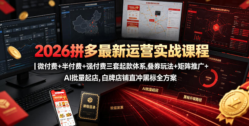2026拼多多最新运营实战课程｜微付费+半付费+强付费三套起款体系，叠券玩法+矩阵推广+AI批量起店，白牌店铺直冲黑标全方案-凡人轻创