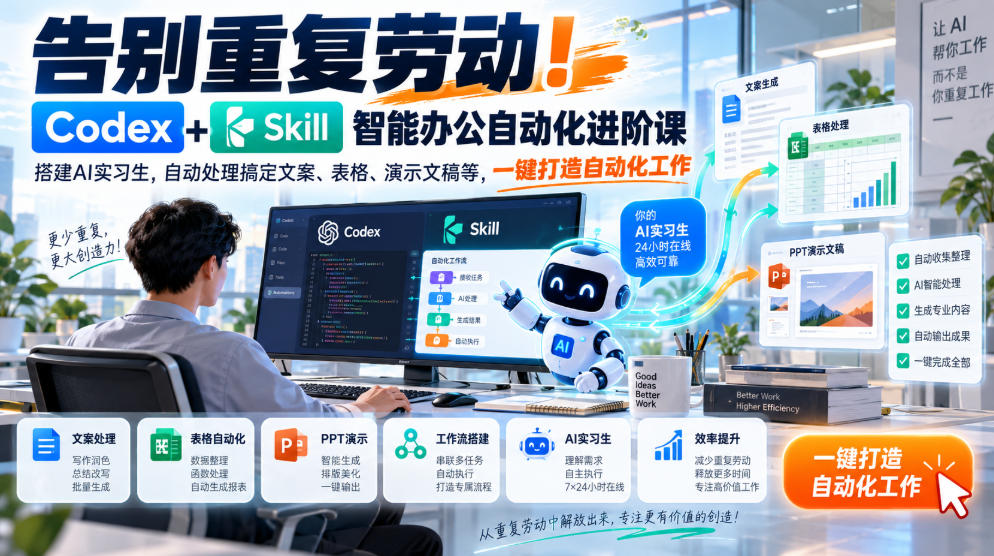 告别重复劳动!Codex+Skill智能办公自动化进阶课|搭建AI实习生,自动处理搞定文案、表格、演示文稿等,一键打造自动化工作-凡人轻创
