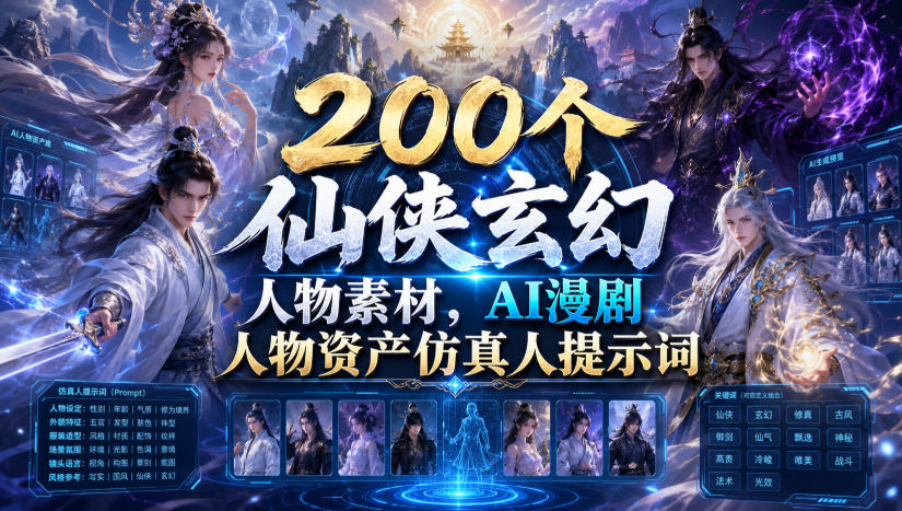 200个仙侠玄幻人物素材，AI漫剧人物资产仿真人提示词-凡人轻创