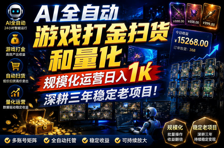 AI全自动游戏打金扫货和量化，规模化运营日入1k，深耕三年稳定老项目！【揭秘】-凡人轻创