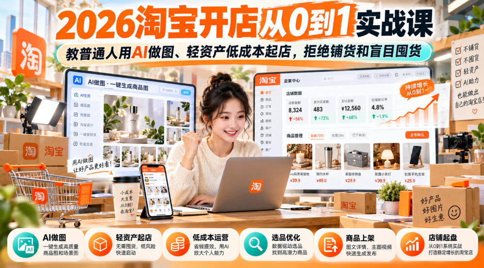 2026淘宝开店从0到1实战课,教普通人用AI做图、轻资产低成本起店,拒绝铺货和盲目囤货-凡人轻创