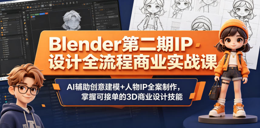 Blender第二期IP设计全流程商业实战课,AI辅助创意建模+人物IP全案制作,掌握可接单的3D商业设计技能-凡人轻创
