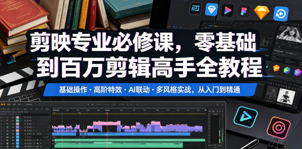 剪映专业必修课，零基础到百万剪辑高手全教程，基础操作・高阶特效・AI联动・多风格实战，从入门到精通-凡人轻创