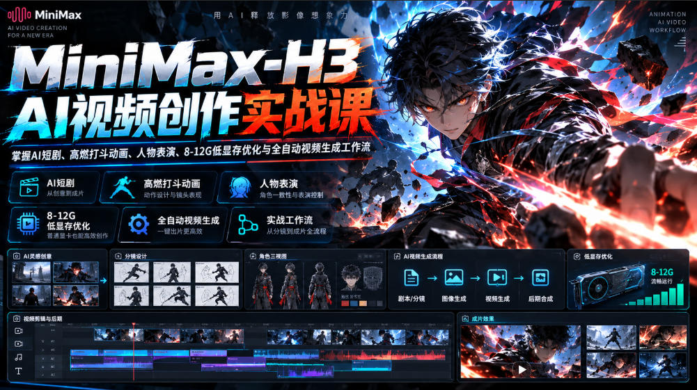 MiniMax-H3 AI视频创作实战课，掌握AI短剧、高燃打斗动画、人物表演、8-12G低显存优化与全自动视频生成工作流-凡人轻创