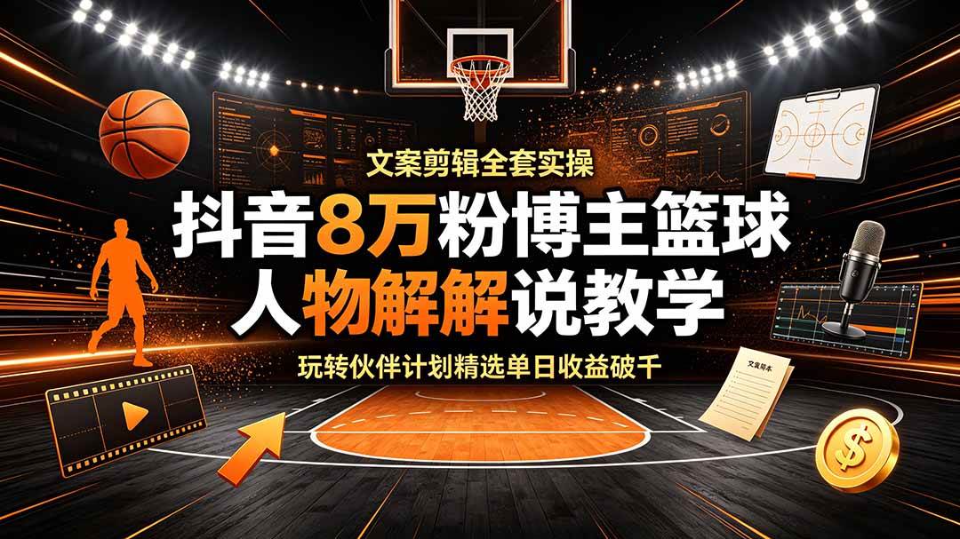 (19135期)抖音8万粉博主篮球人物解说教学,文案剪辑全套实操,玩转伙伴计划精选单日收益破千-凡人轻创