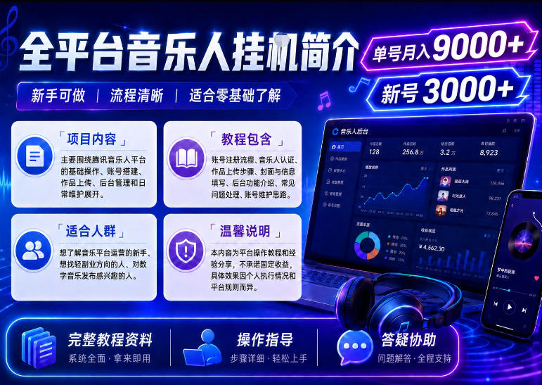 全平台音乐类挂G，单机单号月入9000+，可矩阵，可工作室放大操作【揭秘】-凡人轻创