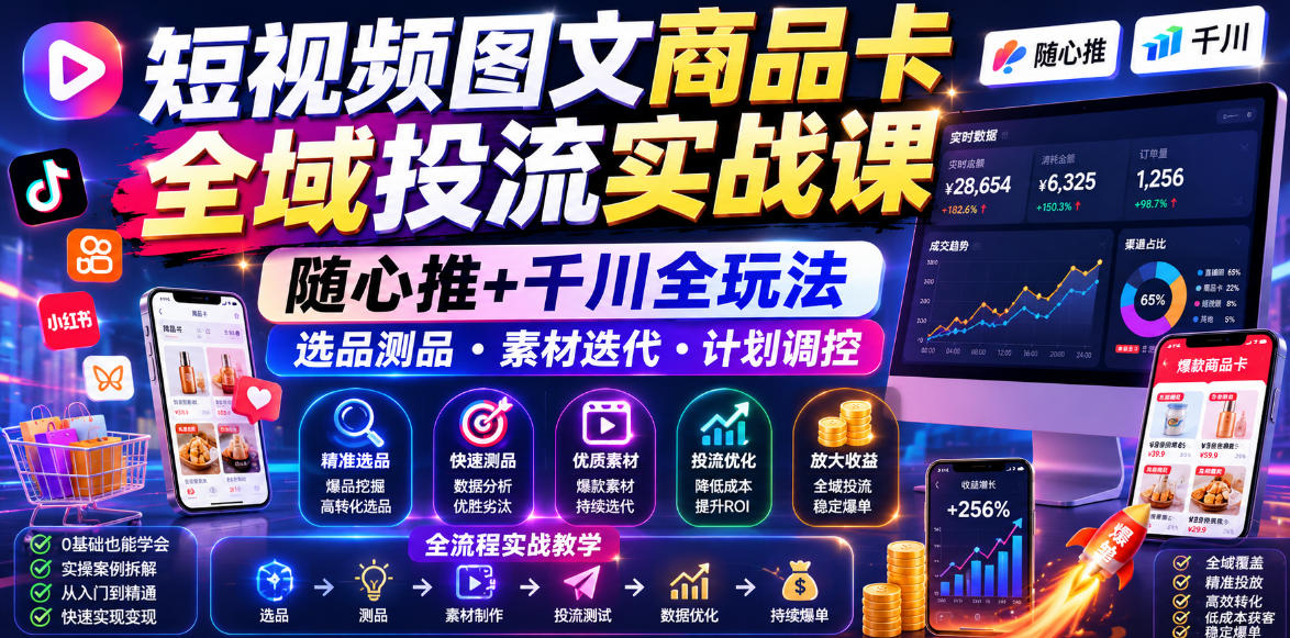 短视频图文商品卡全域投流实战课，随心推+千川全玩法，选品测品・素材迭代・计划调控，提升ROI爆单增收教程-凡人轻创