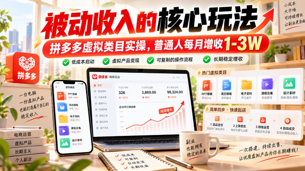 被动收入的核心玩法,拼多多虚拟类目实操,普通人每月增收1-3W【揭秘】-凡人轻创